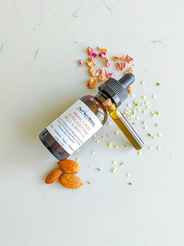 Argan + Rose Ultra-Soothing Belly & Body Oil combines ingredients that intensively hydrate, promote elasticity, alleviate skin inflammation and disorders, reduce striae gravidarum (a unique form of stretch marks common in pregnancy), and promote stress relief and relaxation.