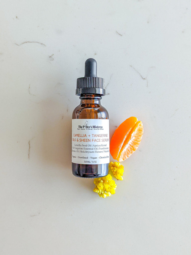 Camellia + Tangerine Silk & Sheen Face Serum is curated to leave the skin feeling light, silky smooth, plump, firm, and with just the right amount of sheen.