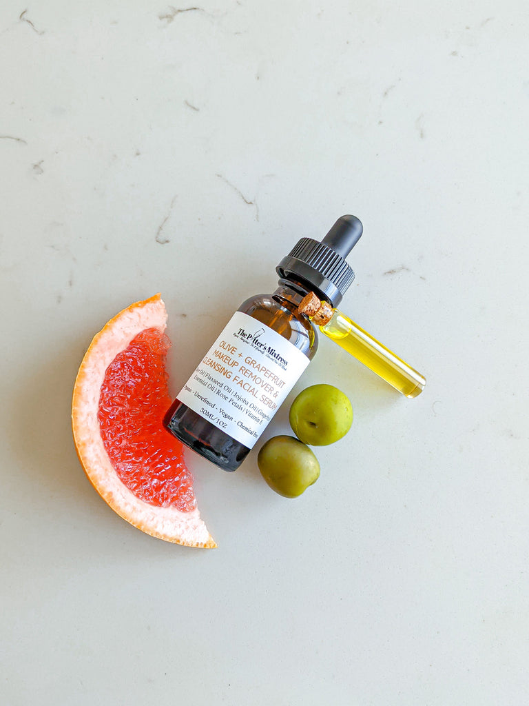 Olive + Grapefruit Makeup Remover & Cleansing Facial Serum is blended purposefully to include some ingredients that deeply hydrate the skin and others that detoxify and exfoliate.