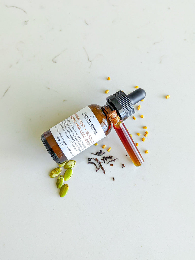 Pumpkin Seed + Black Tea Reverse Hair Loss Serum brings together the most potent and scientifically tested ingredients that reduce hair loss, promote hair growth, and increase hair strand thickness.
