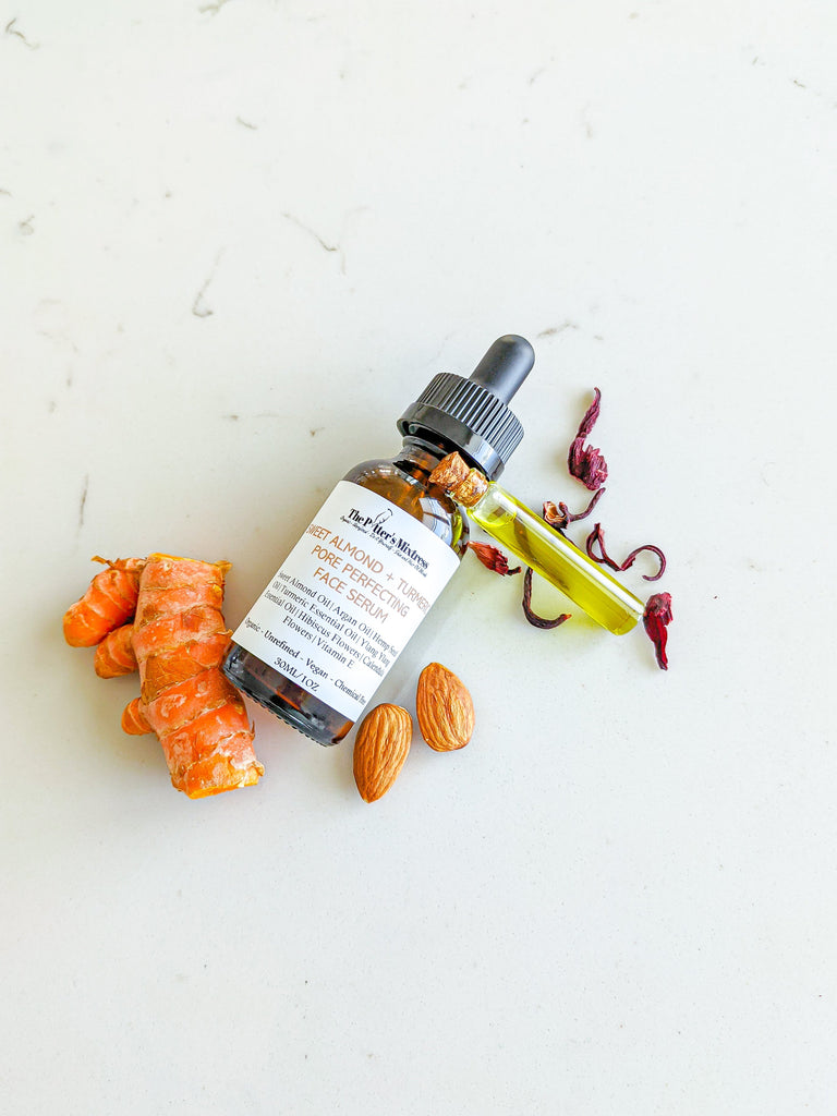 Sweet Almond + Turmeric Pore Perfecting Face Serum is very carefully blended to bring together oils and botanicals that address different concerns related to the skin’s pores.