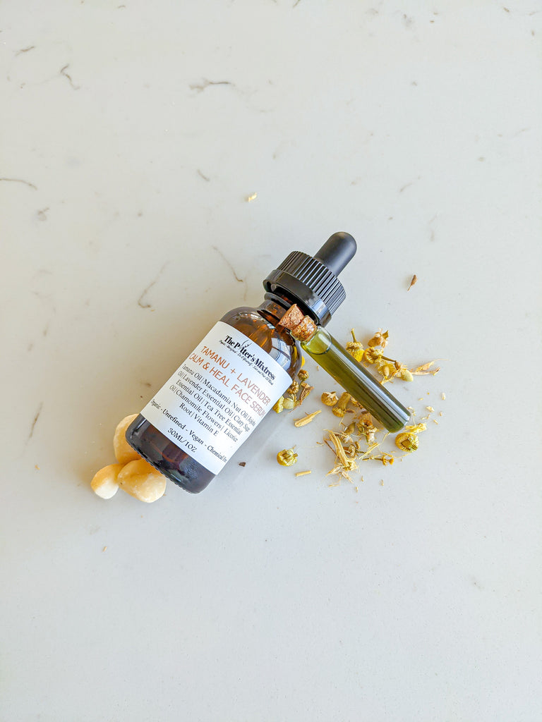 Tamanu + Lavender Calm & Heal Facial Serum is carefully blended to include carrier oils, essential oils, and botanicals that work synergistically to soothe and heal skin disorders and gently even out the skin after breakouts.